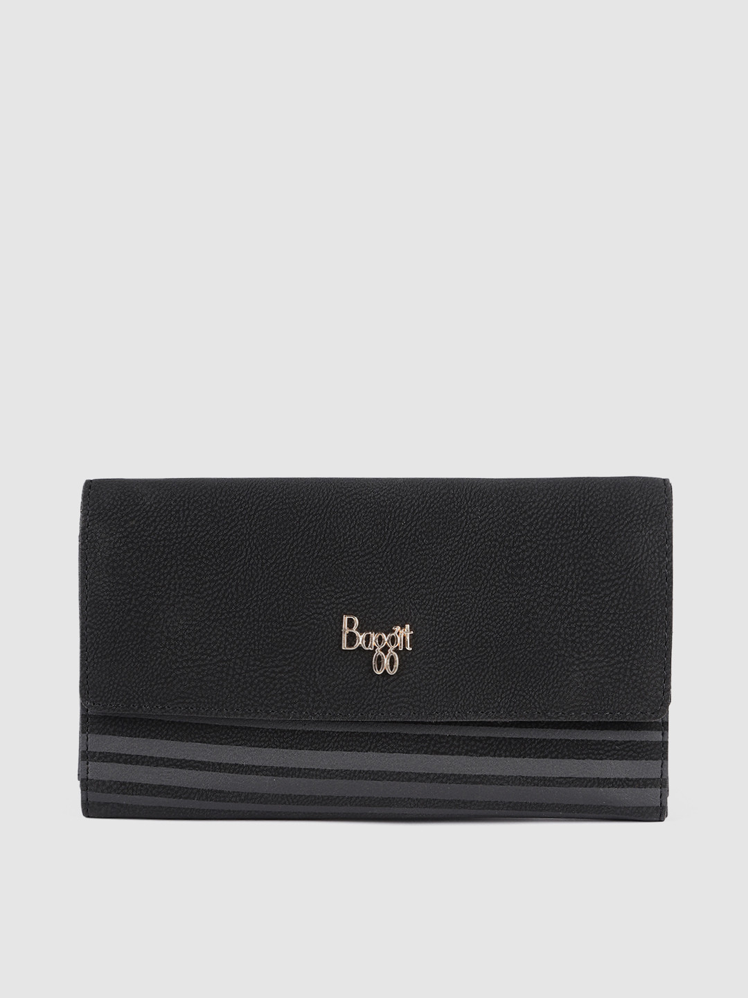 

Baggit Women Striped PU Three Fold Wallet, Black