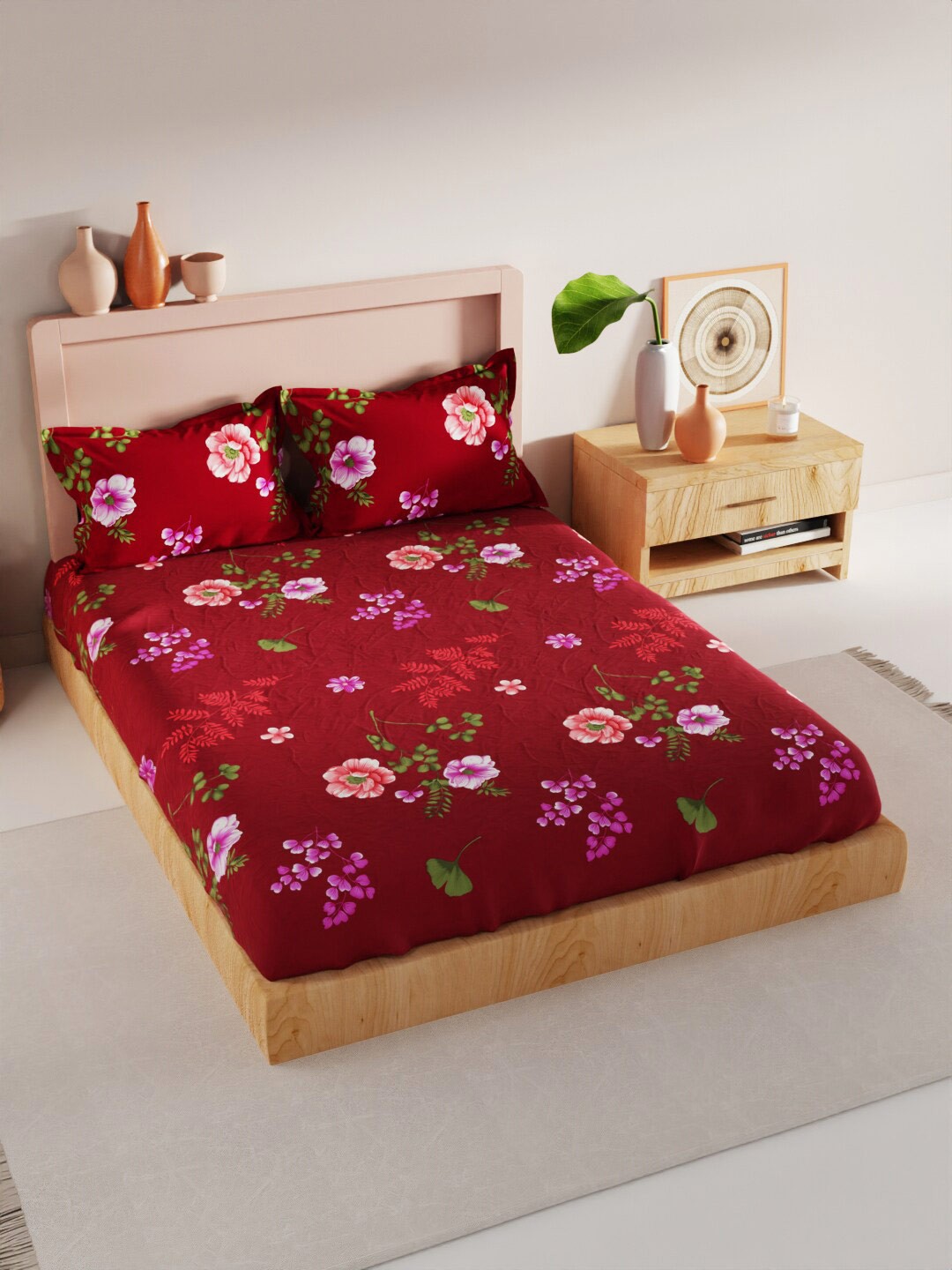 

BIANCA GEO TOKYO Red & Pink Floral Printed 200 TC King Bedsheet with 2 Pillow Covers