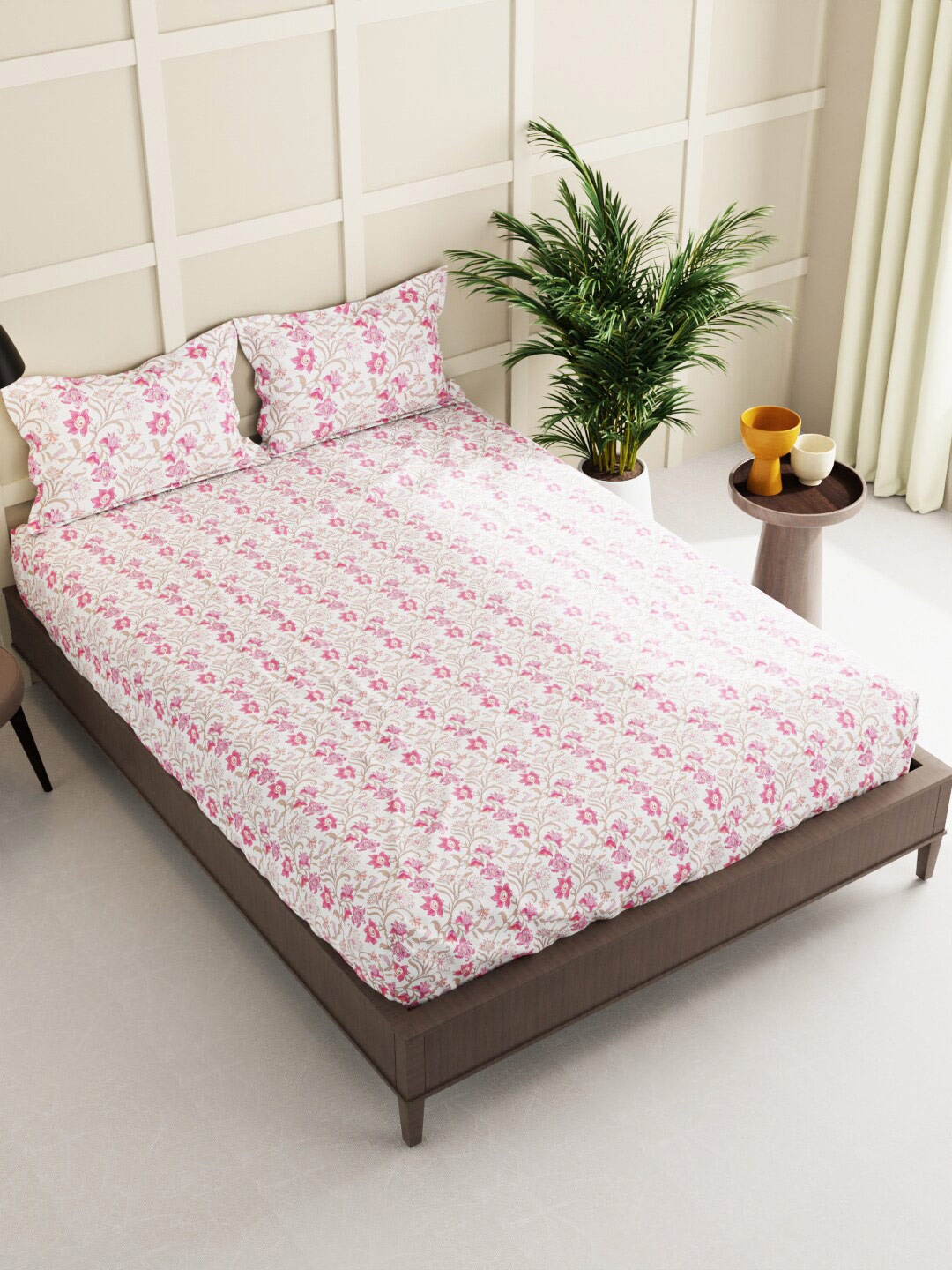 

BIANCA KOPA White & Pink Floral Printed 152 TC Queen Bedsheet with 2 Pillow Covers