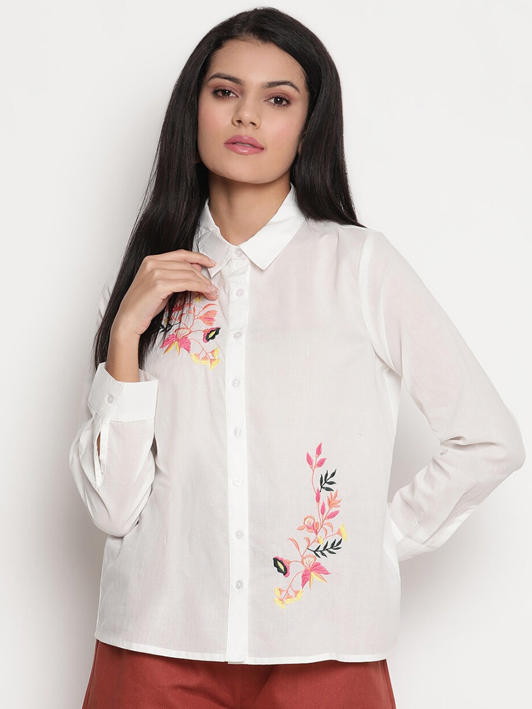 

HOUSE OF KKARMA Women Floral Sheer Printed Casual Cotton Shirt, White