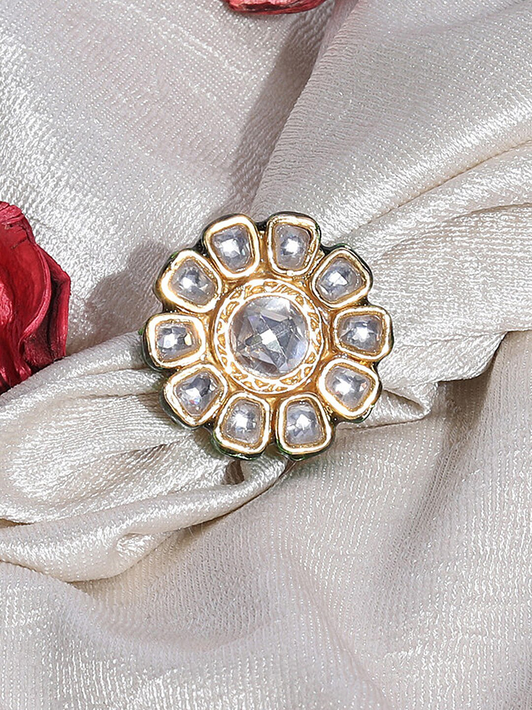 

AURAA TRENDS 22 KT Gold-Plated Kundan-Studded Adjustable Finger Ring, White