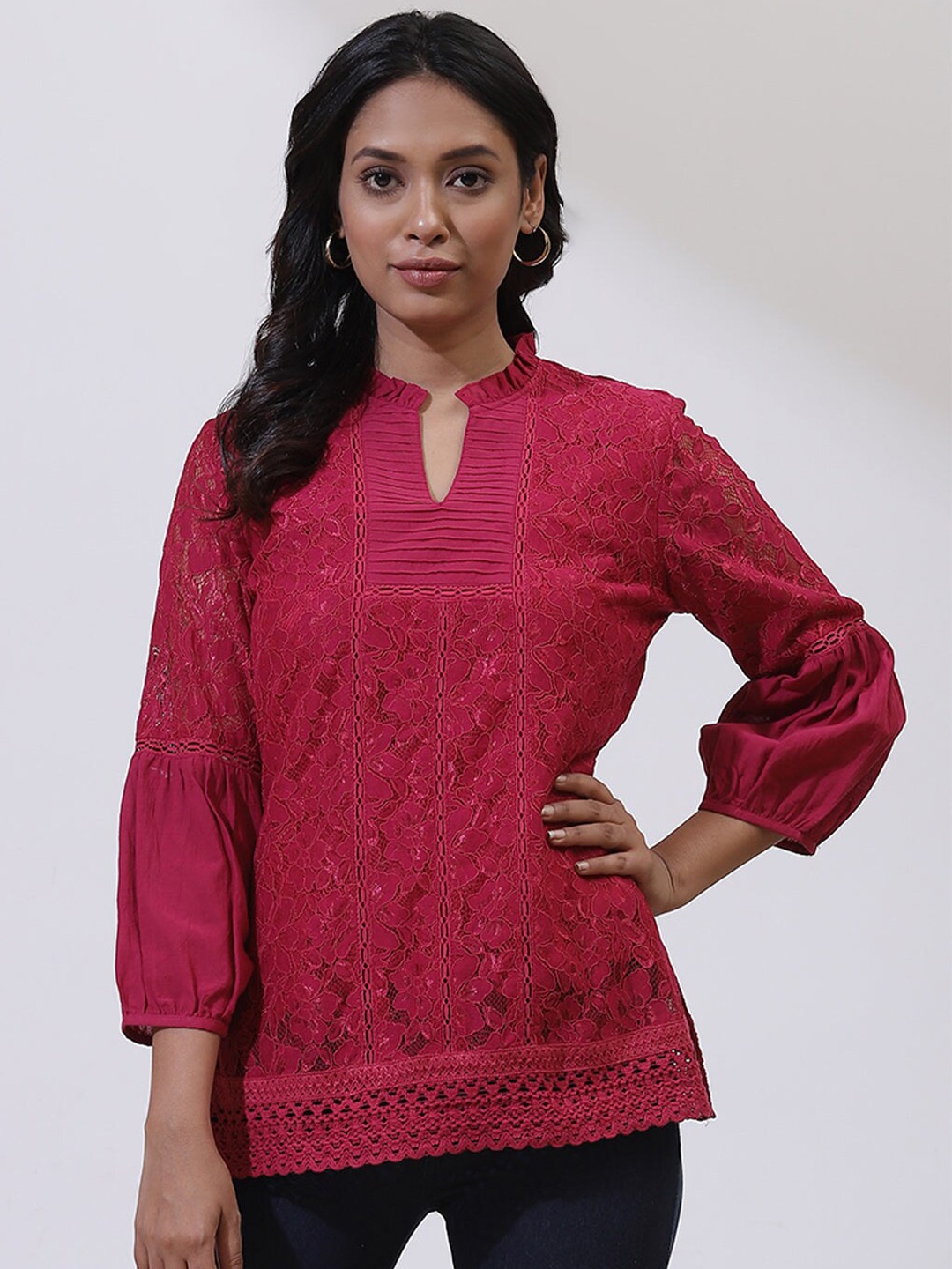 

Lakshita Floral Mandarin Collar Lace Blouson Cotton Top, Pink