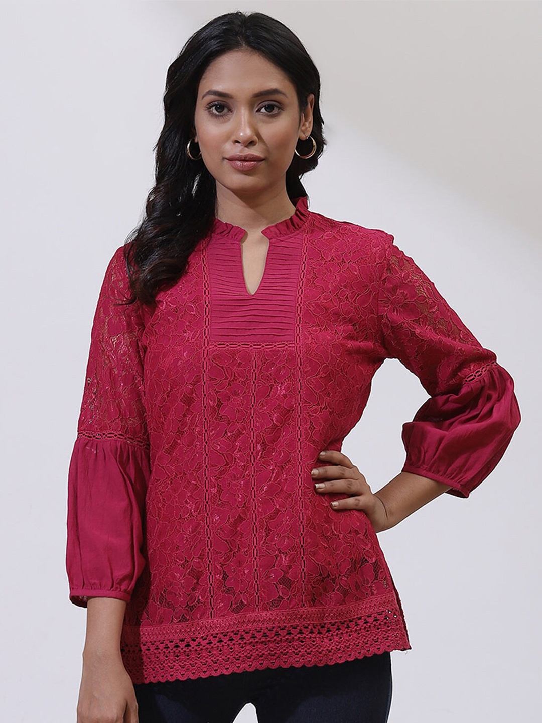 

Lakshita Pink Mandarin Collar Lace Cotton Top
