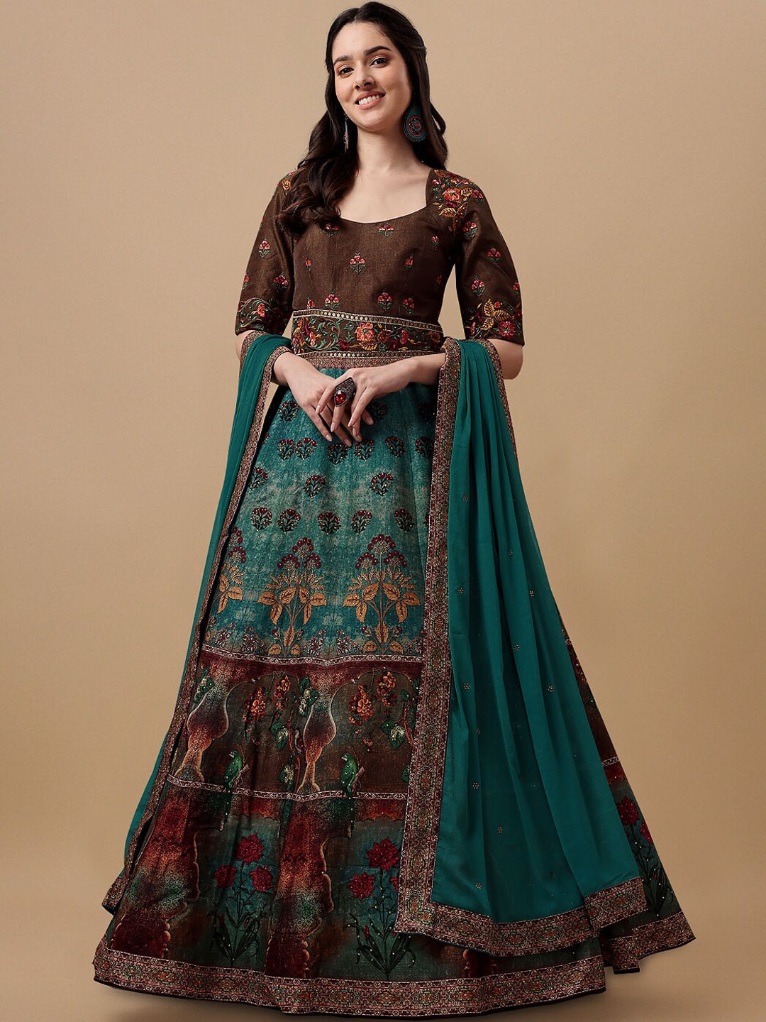 

SAPTRANGI Women Printed Silk Ethnic Gown With Dupatta, Green