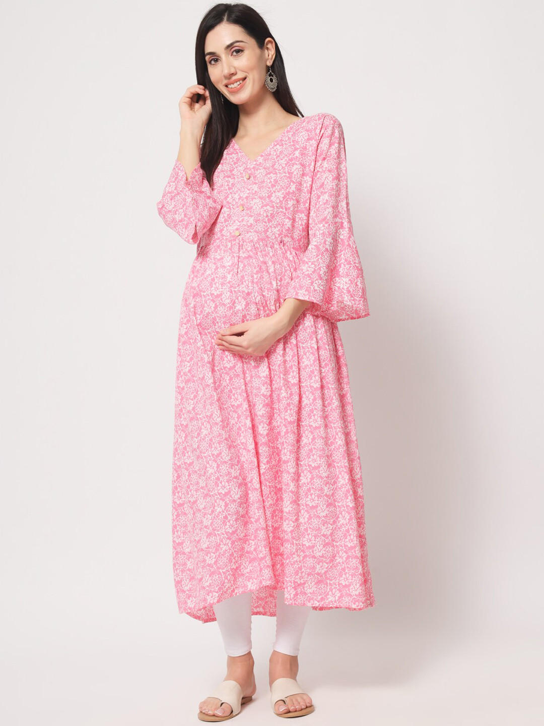 

Aujjessa Floral Printed Flared Sleeves Maternity Anarkali Kurta, Pink