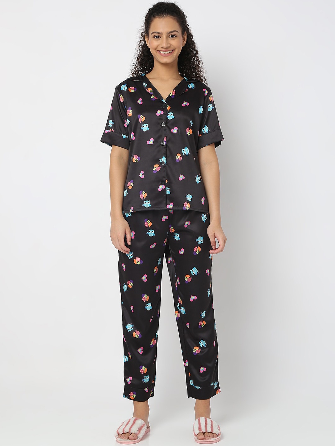 

Smarty Pants Women Printed Satin Night suit, Black