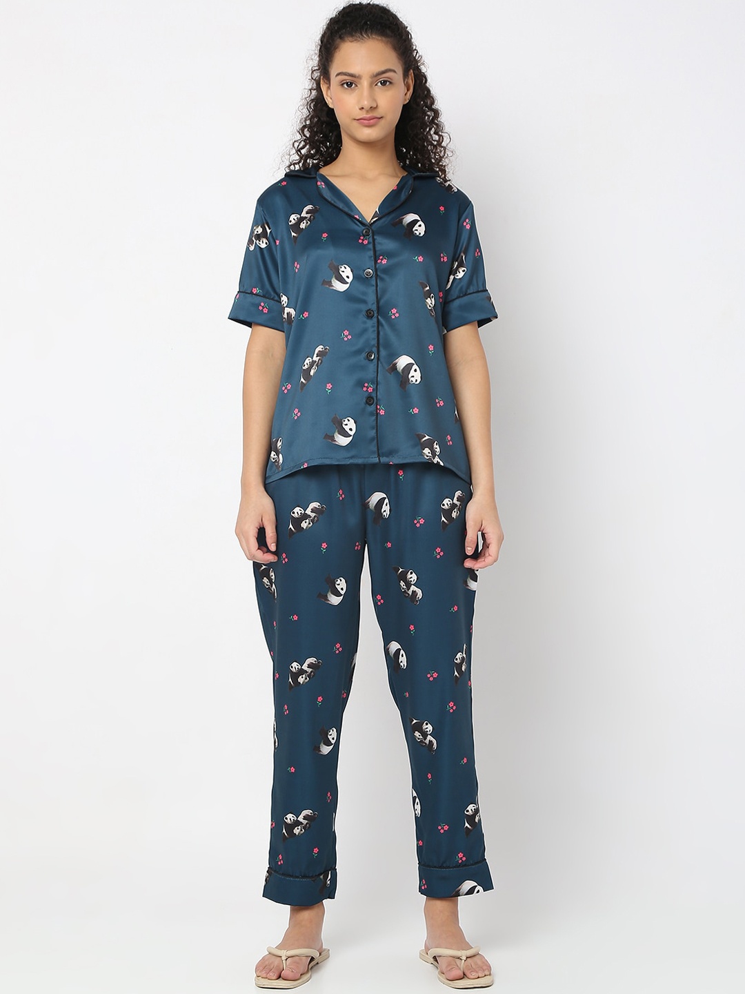 

Smarty Pants Women Printed Satin Night suit, Teal
