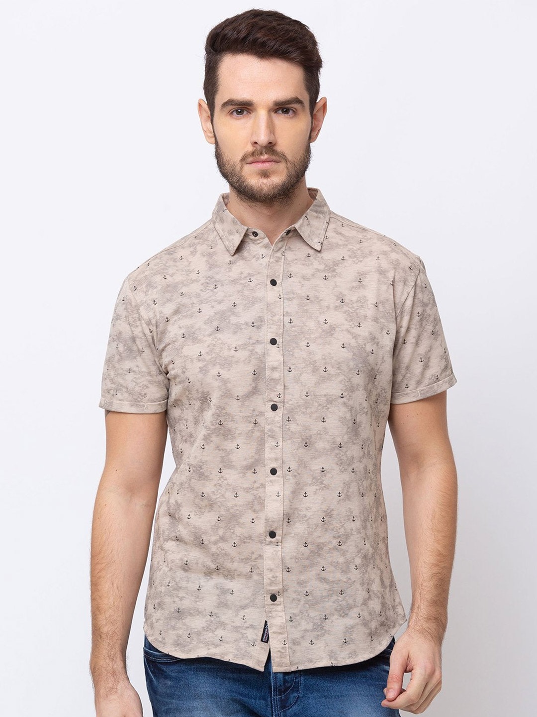 

Status Quo Men Micro Ditsy Printed Casual Cotton Shirt, Beige