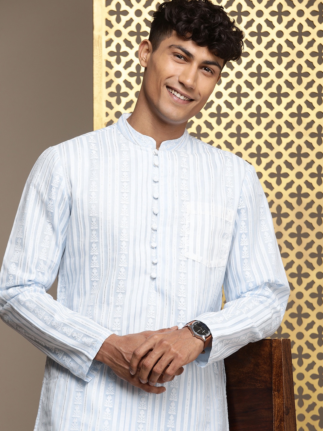 

House of Pataudi Long Sleeves Striped Jashn Kurta, Blue