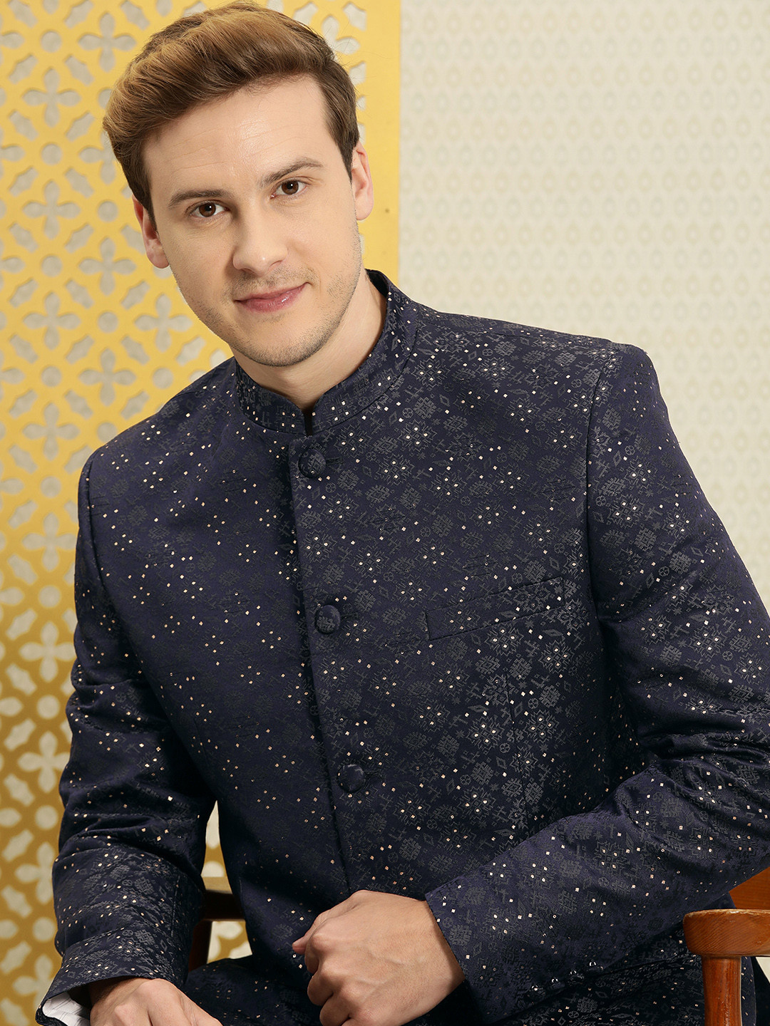 

House of Pataudi Jashn Mandarin Collar Textured With Embellishment Bandhgala Blazer, Navy blue