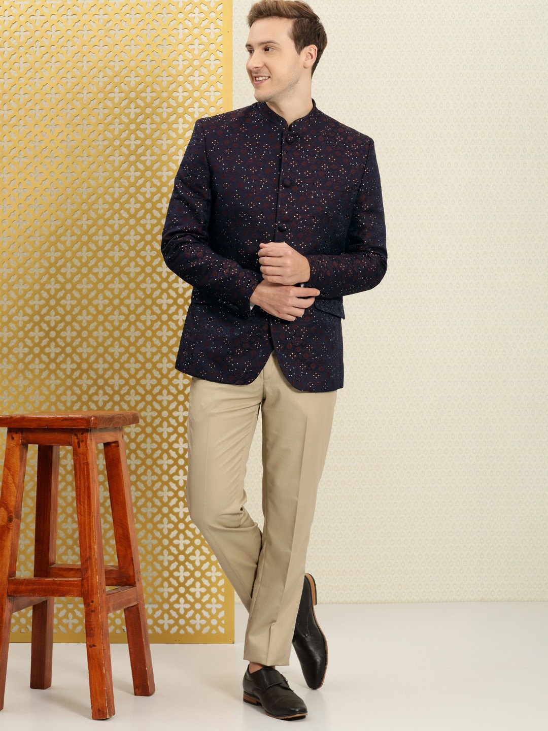 

House of Pataudi Jashn Mandarin Collar Textured With Embellishment Bandhgala Blazer, Purple