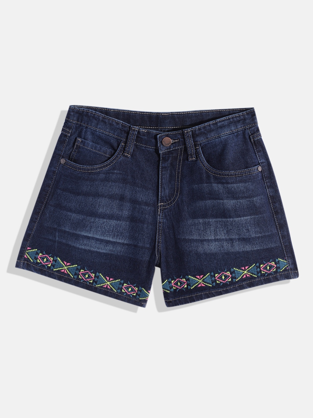 

HERE&NOW Girls Slim Fit Embroidered Denim Shorts, Navy blue