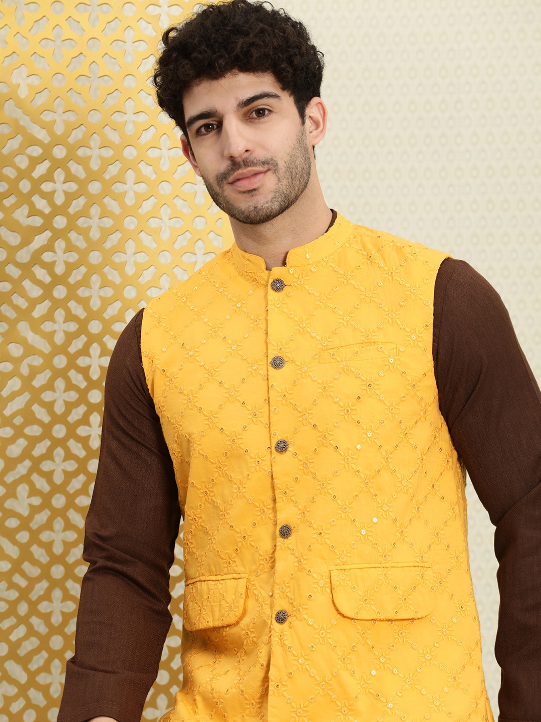 

House of Pataudi Jashn Sequined & Floral Embroidered Pure Cotton Nehru Jacket, Mustard