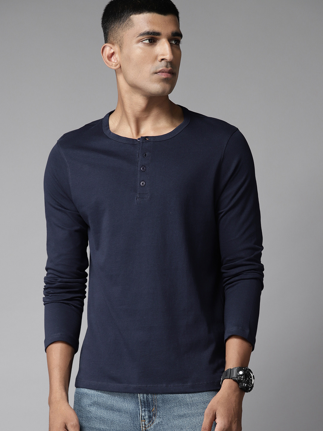 

The Roadster Lifestyle Co. Henley Neck Pure Cotton T-shirt, Navy blue