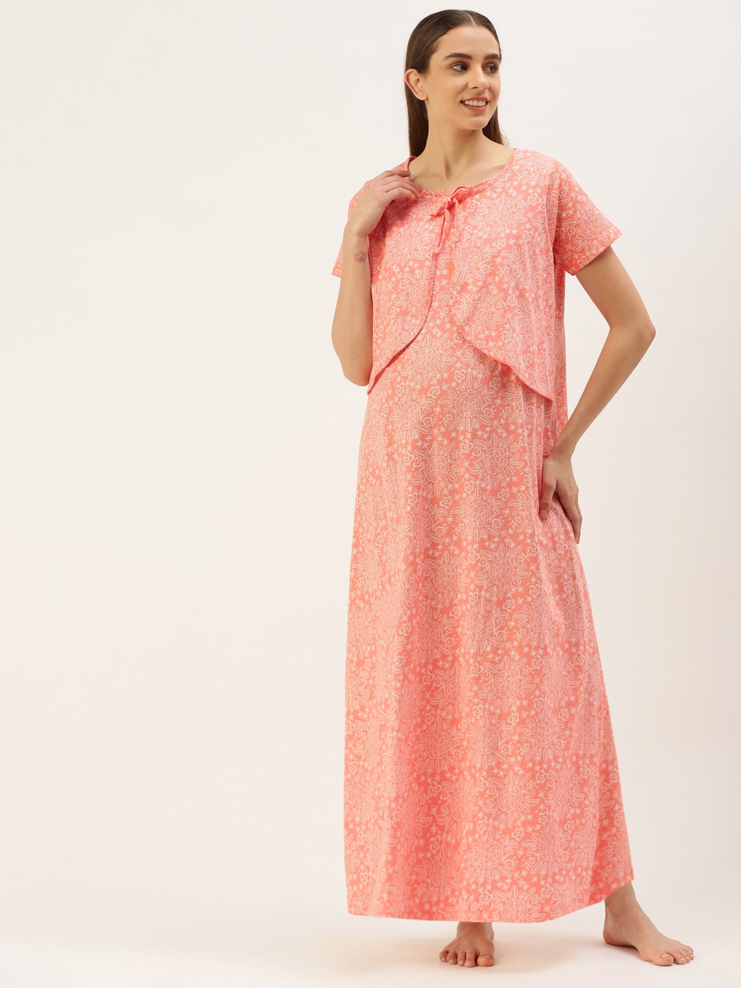 

Nejo Printed Maxi Cotton Maternity Nightdress, Coral