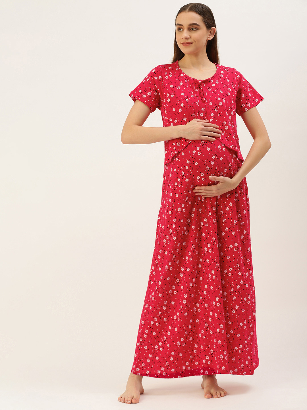 

Nejo Printed Maxi Maternity Cotton Nightdress, Red
