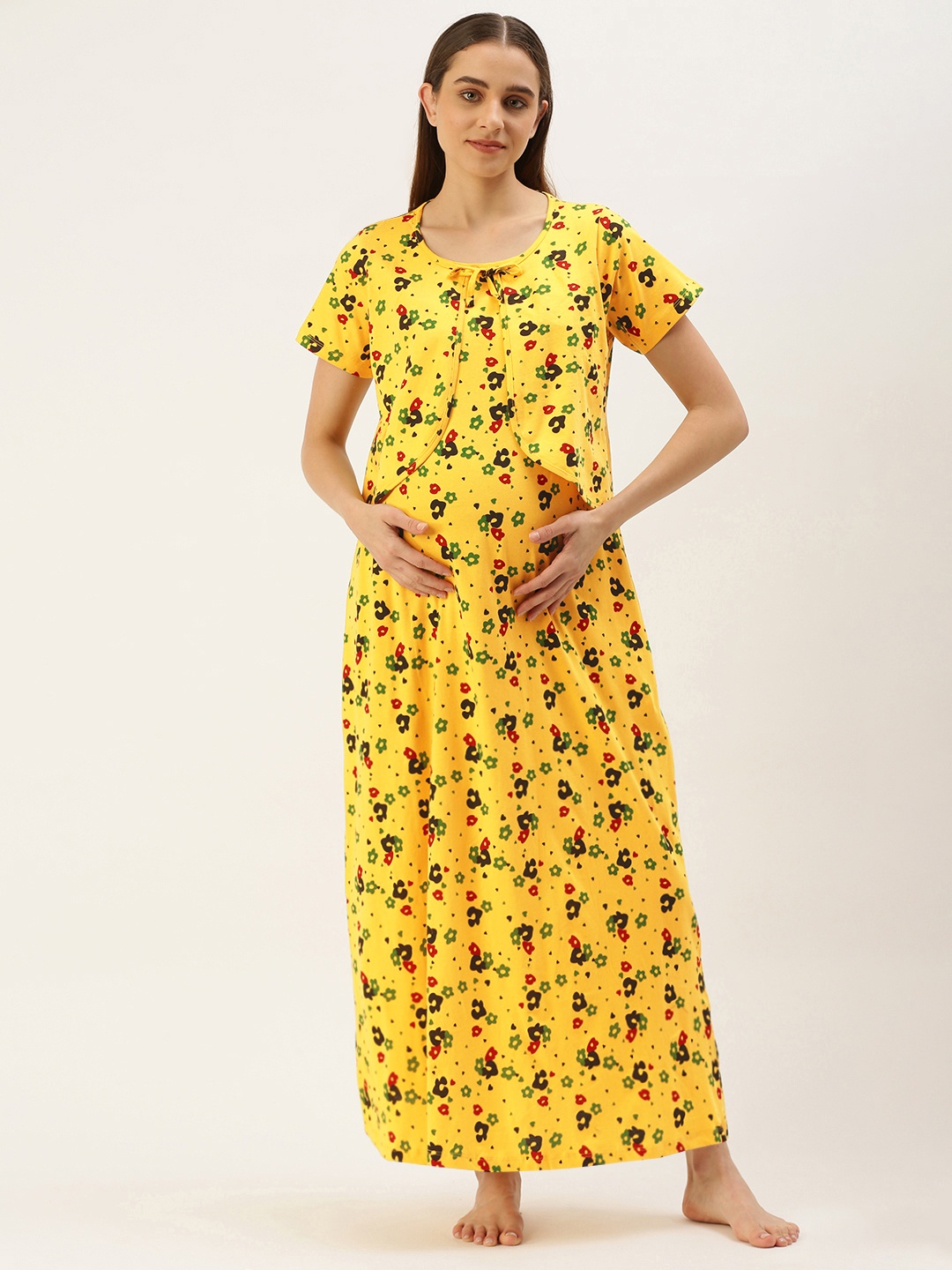 

Nejo Printed Maxi Cotton Maternity Nightdress, Yellow