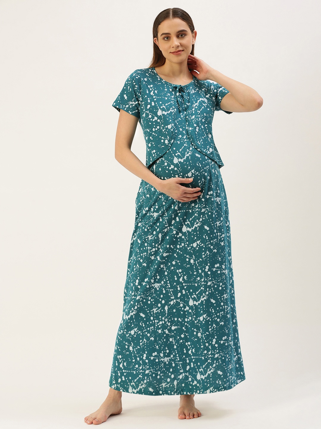 

Nejo Printed Maxi Cotton Maternity Nightdress, Teal