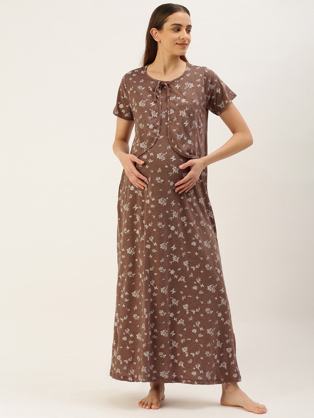 

Nejo Printed Maxi Maternity Cotton Nightdress, Brown