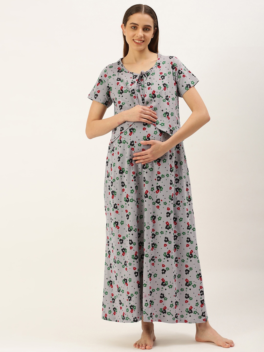 

Nejo Printed Maxi Cotton Maternity Nightdress, Grey