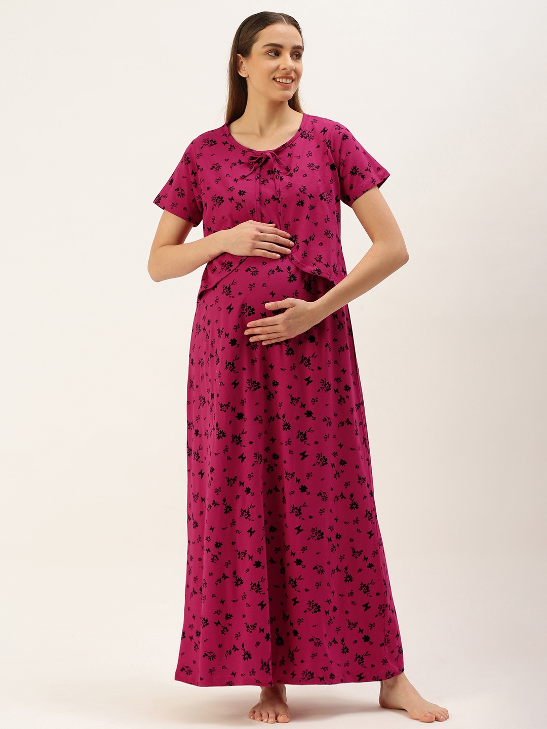 

Nejo Printed Maxi Maternity Cotton Nightdress, Fuchsia