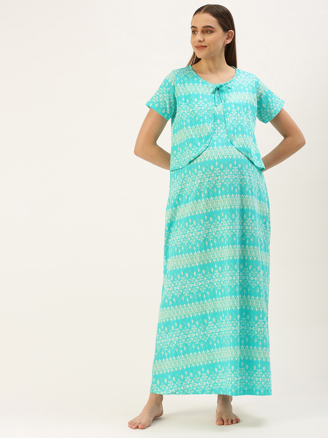 

Nejo Printed Maxi Cotton Maternity Nightdress, Sea green