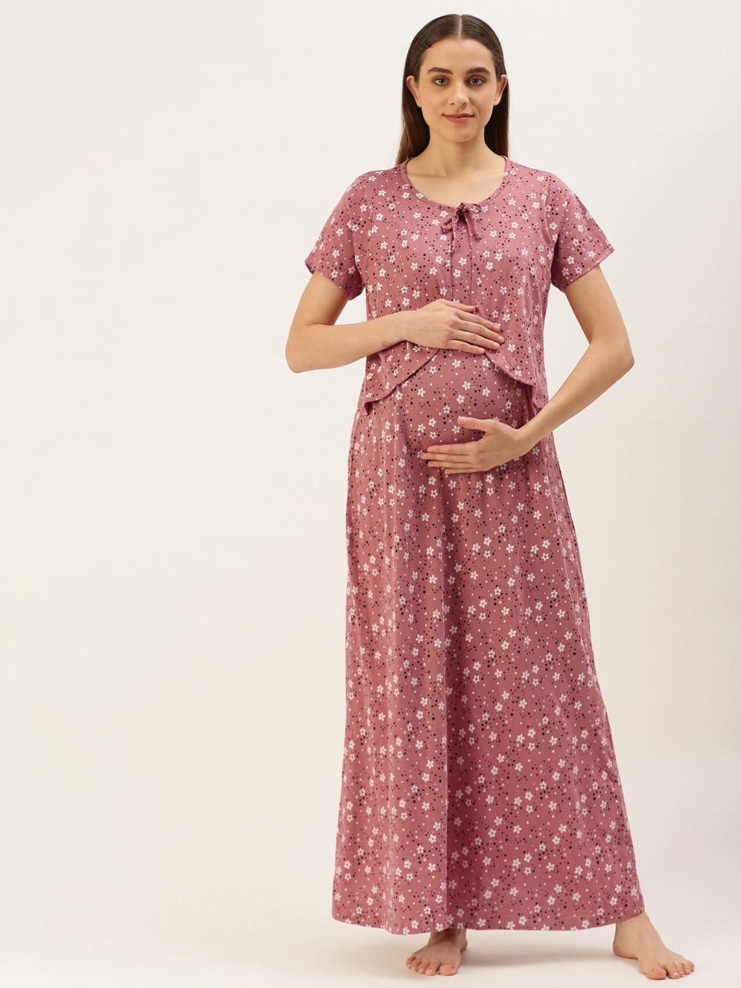 

Nejo Printed Maxi Cotton Maternity Nightdress, Mauve