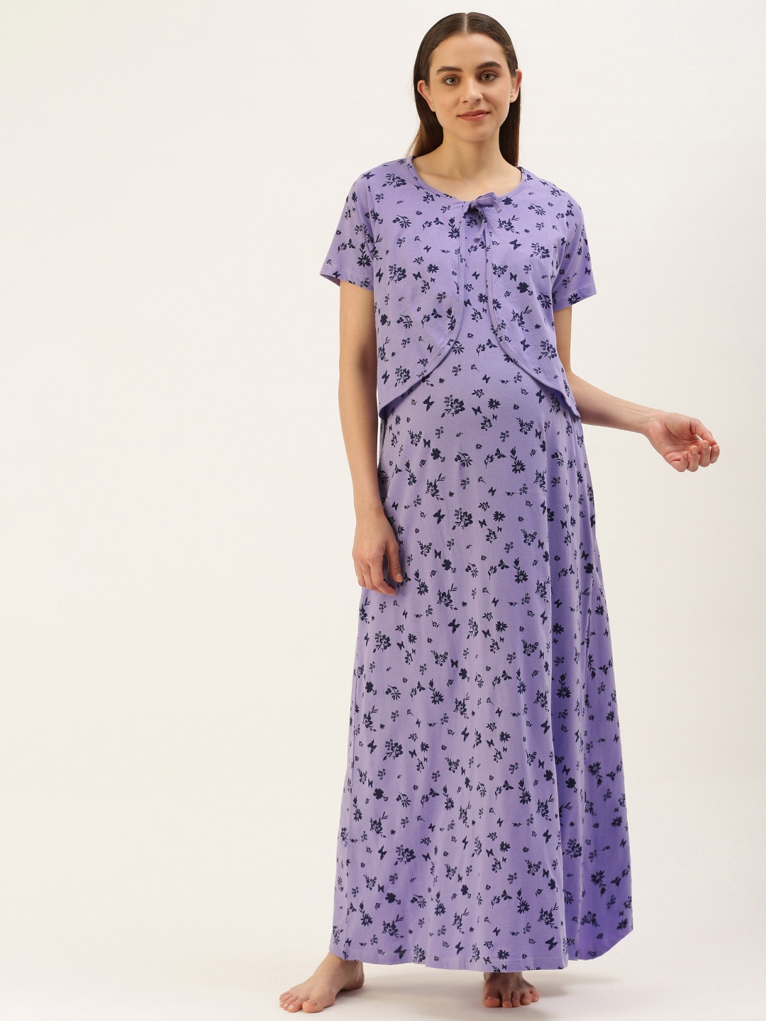 

Nejo Printed Maxi Cotton Maternity Nightdress, Lavender