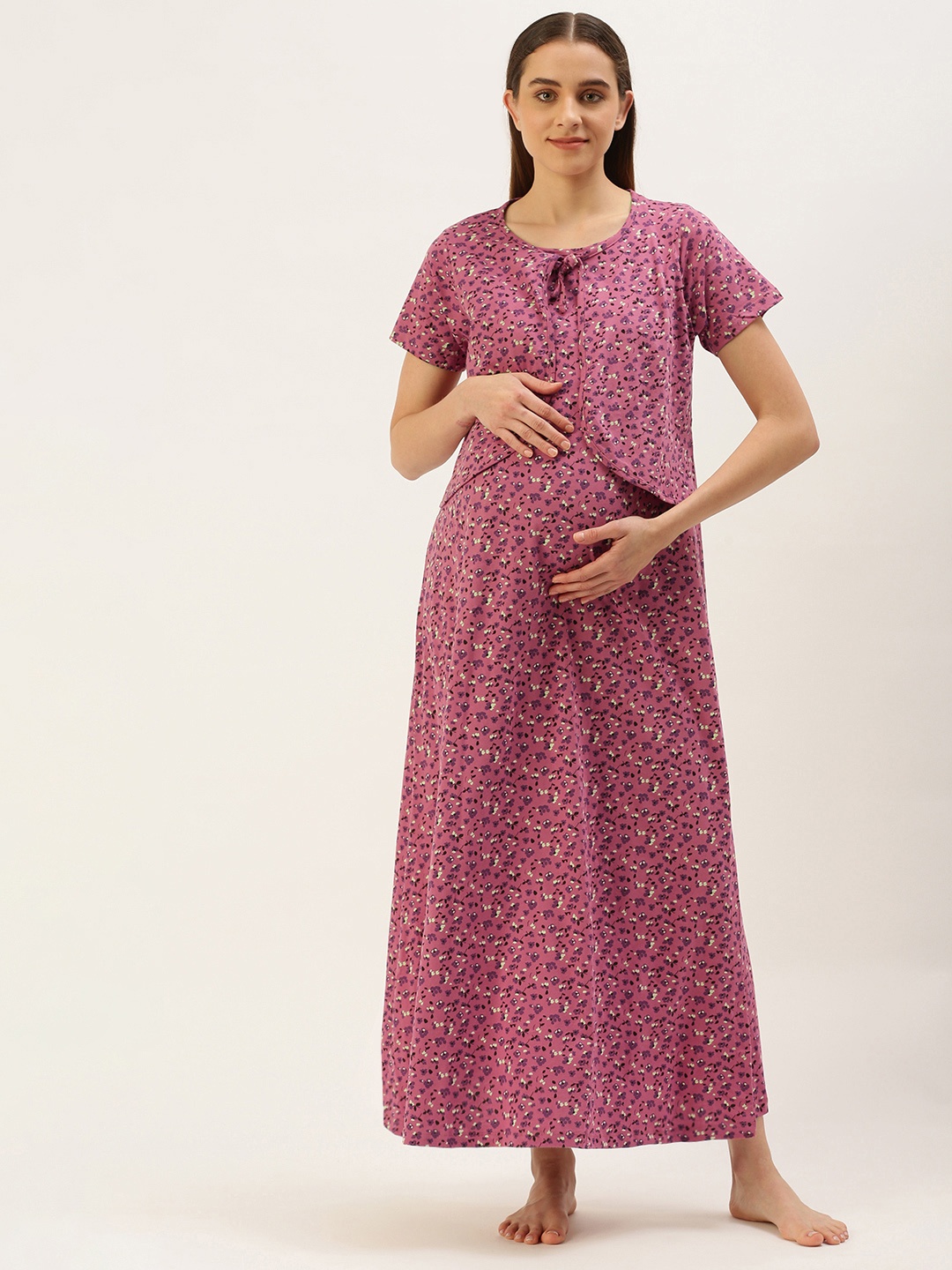 

Nejo Printed Maxi Cotton Maternity Nightdress, Pink