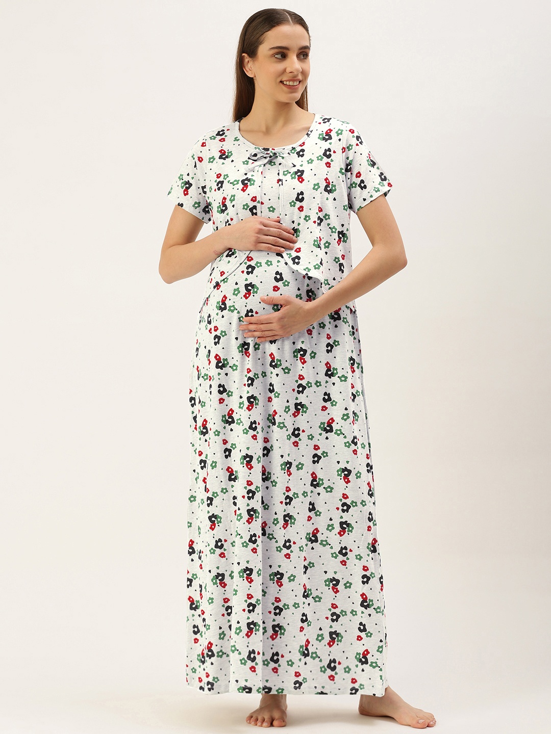 

Nejo Printed Maxi Maternity Cotton Nightdress, Grey melange