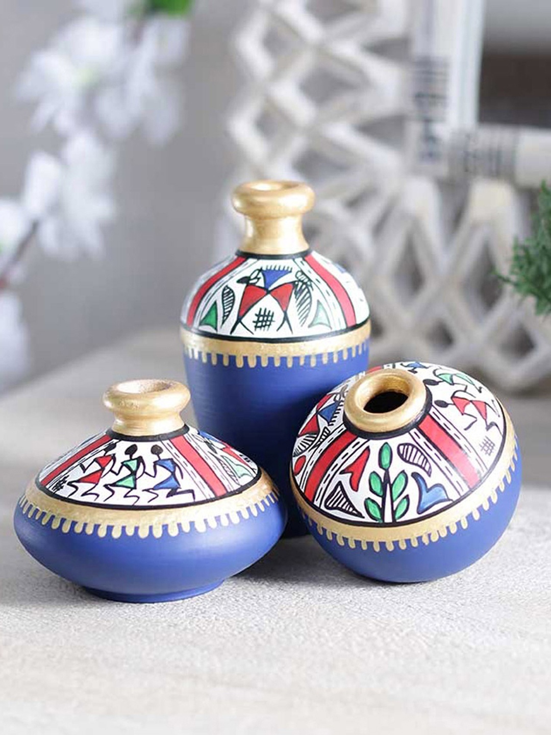 

VarEesha Set of 3 Blue Terracotta Warli Hand-Painted Vases