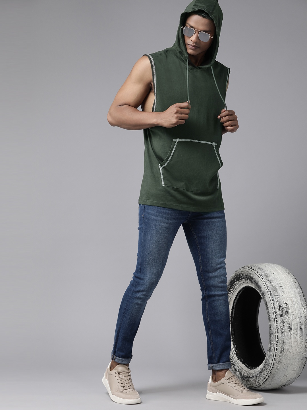 

The Roadster Lifestyle Co. Pure Cotton Hooded Loose T-shirt, Olive