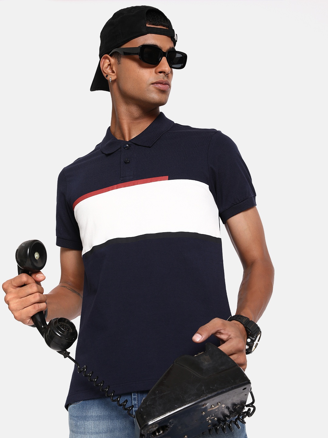 

The Roadster Life Co. Colourblocked Polo Collar Pure Cotton T-shirt, Navy blue