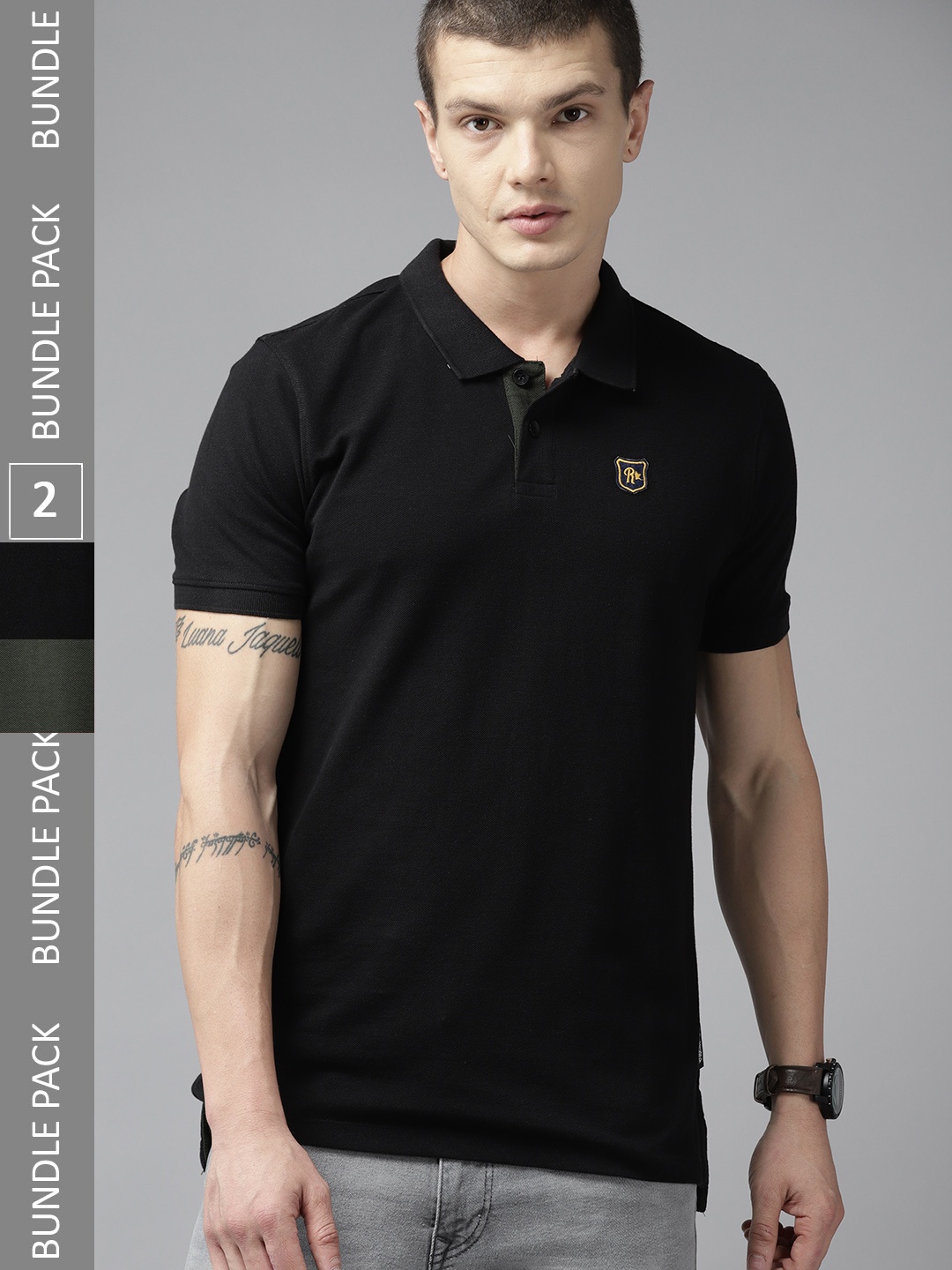 

The Roadster Lifestyle Co. Pack of 2 Polo Collar Pure Cotton T-shirt, Black
