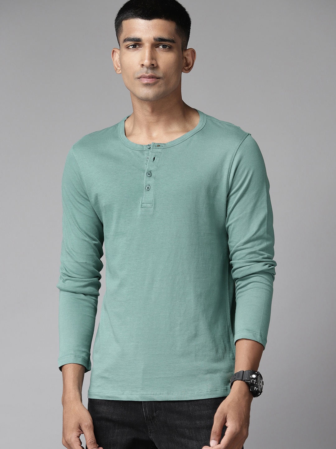 

The Roadster Lifestyle Co. Henley Neck Pure Cotton T-shirt, Green