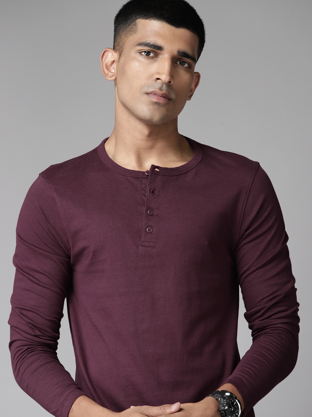 

The Roadster Lifestyle Co. Henley Neck Pure Cotton T-shirt, Burgundy