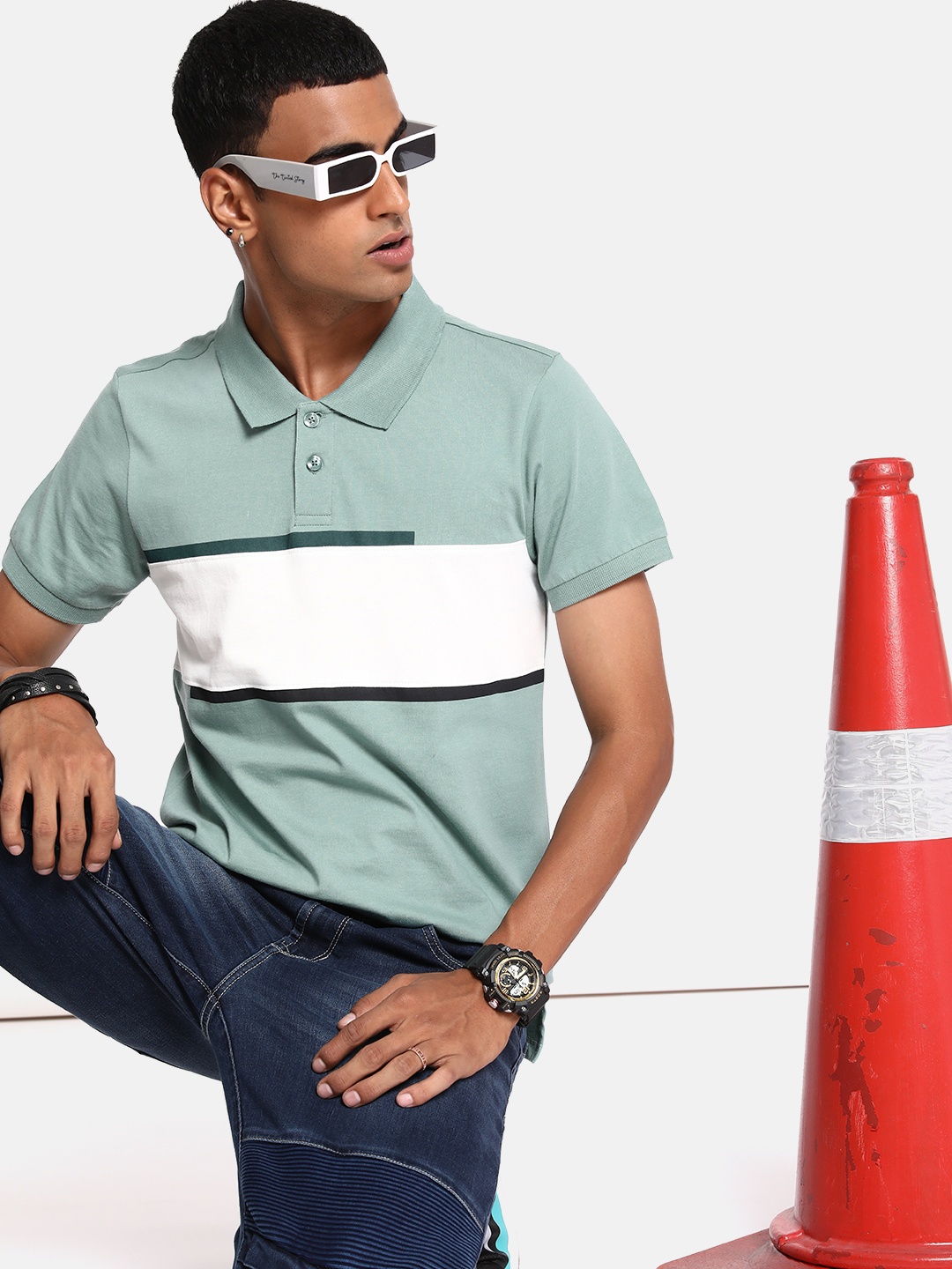 

The Roadster Life Co. Colourblocked Polo Collar Pure Cotton T-shirt, Green