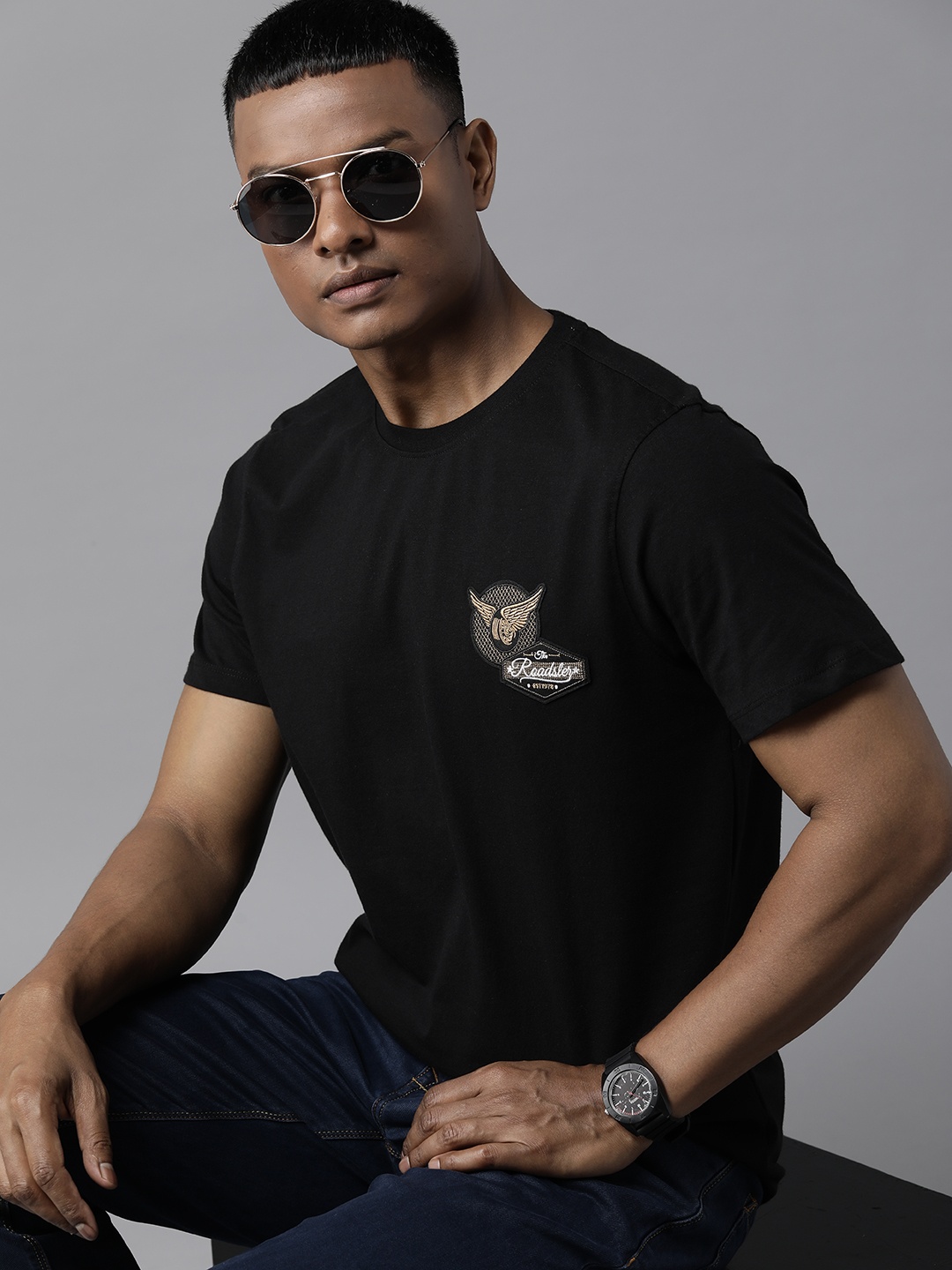 

The Roadster Lifestyle Co. Pure Cotton Applique T-shirt, Black