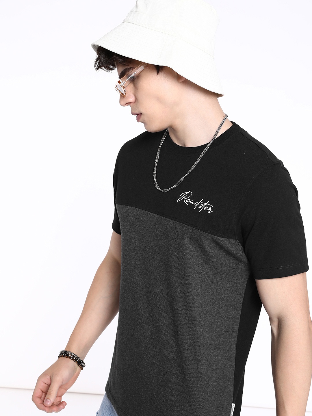 

The Roadster Life Co. Jet Black & Grey Patched & Panelled T-shirt