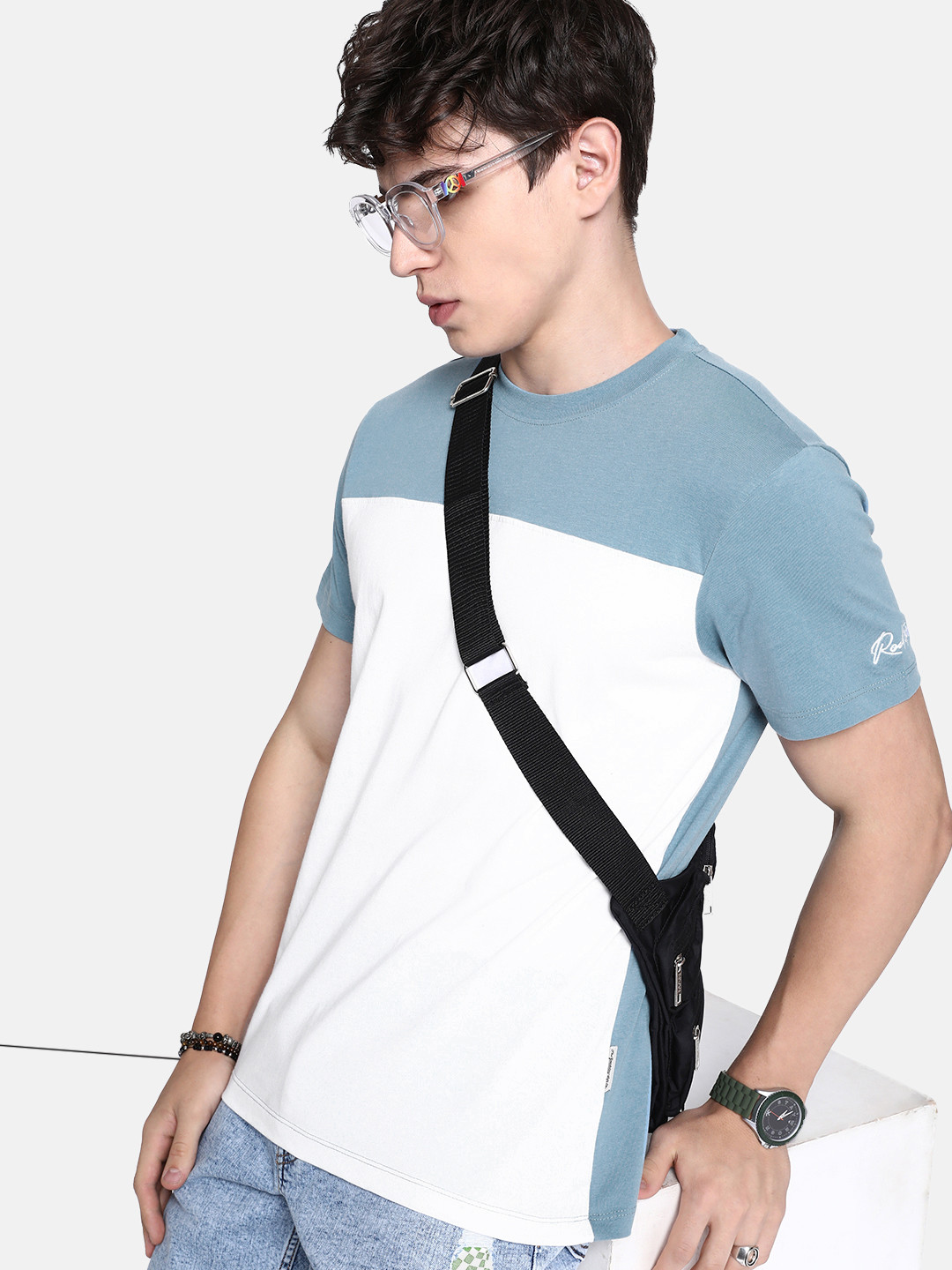 

The Roadster Life Co. Sky Blue & White Patched & Panelled Pure Cotton T-shirt