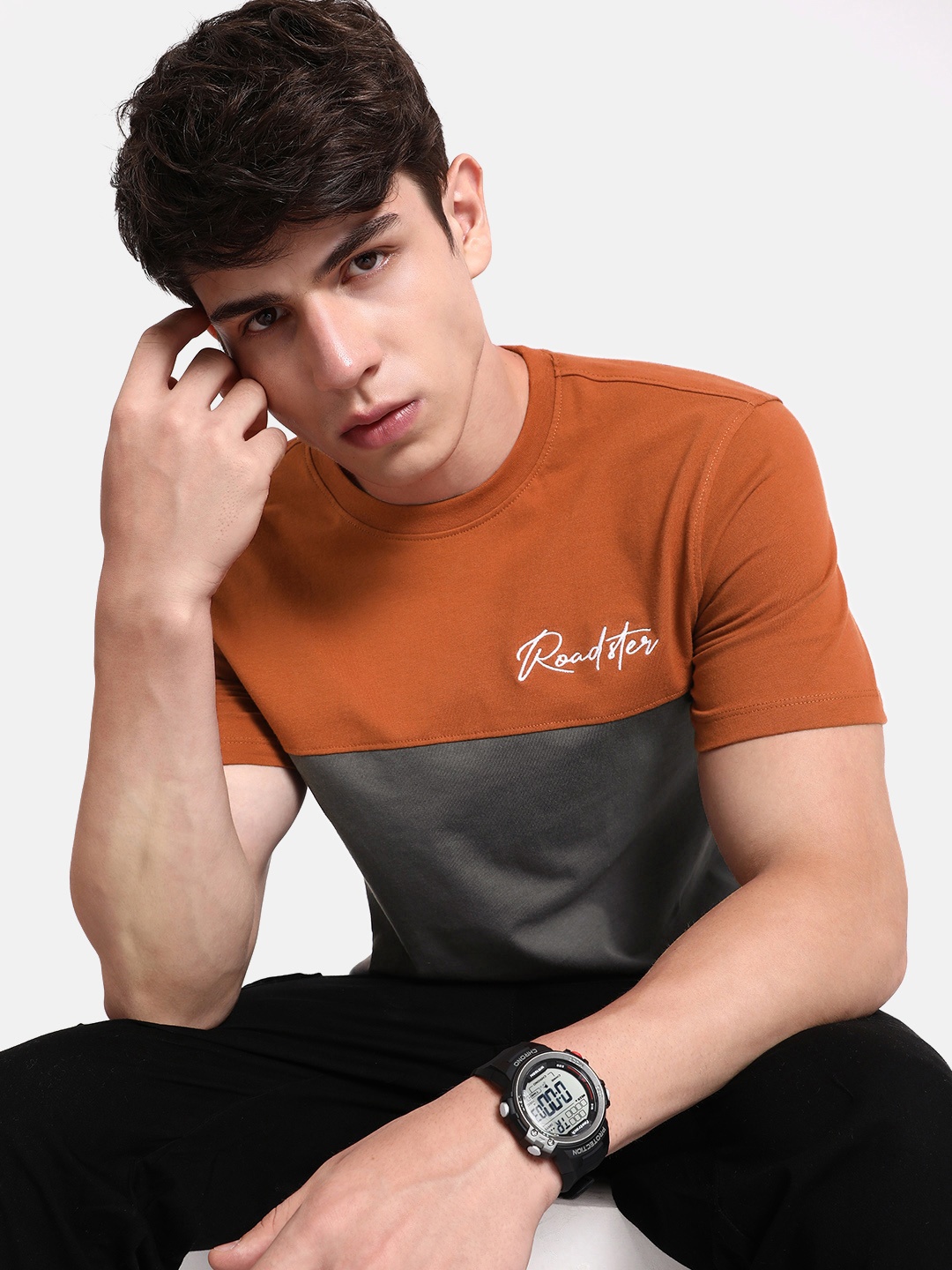 

The Roadster Life Co. Rust Orange & Grey Patched & Panelled Pure Cotton T-shirt