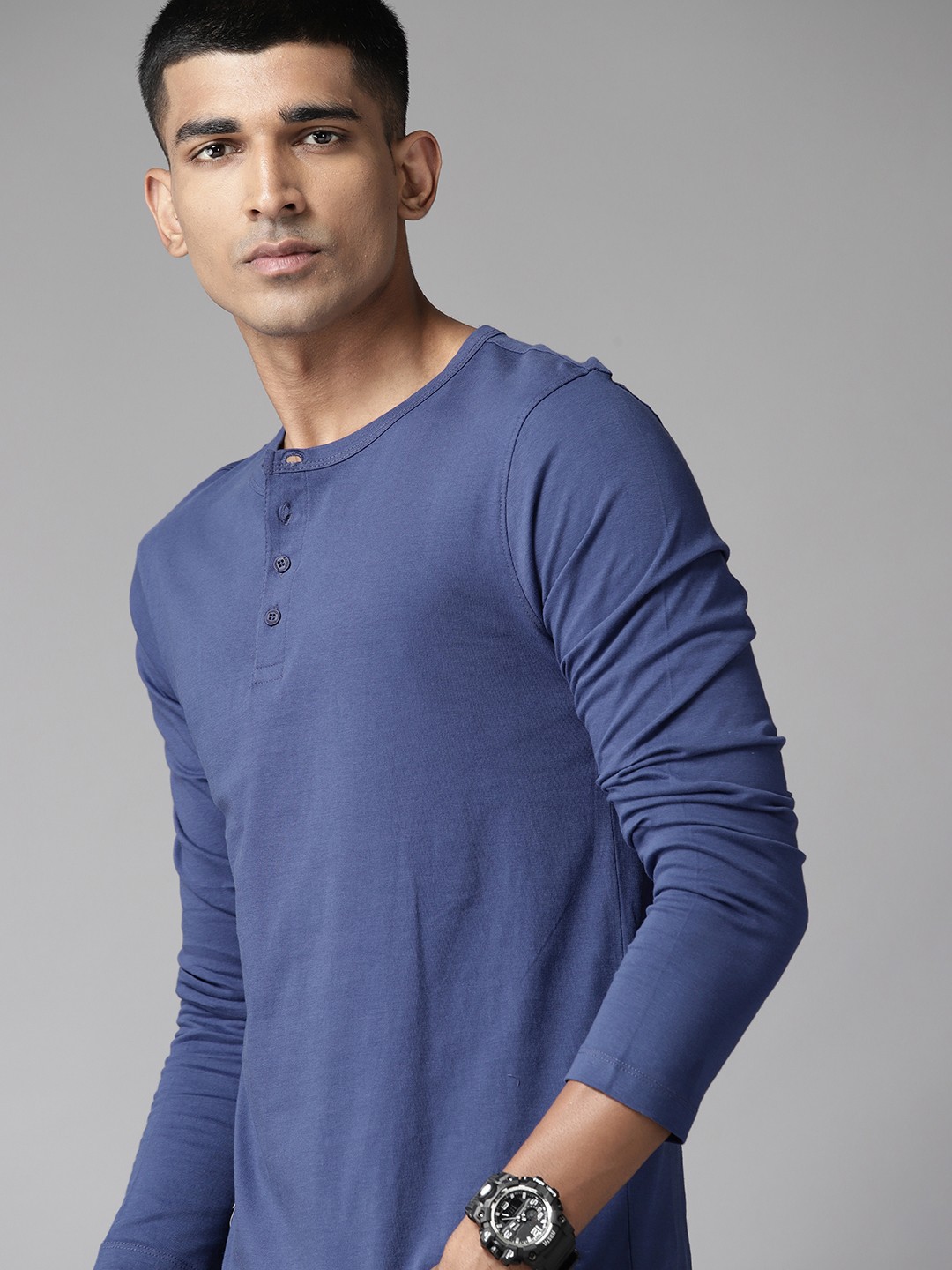

The Roadster Lifestyle Co. Henley Neck Pure Cotton T-shirt, Blue
