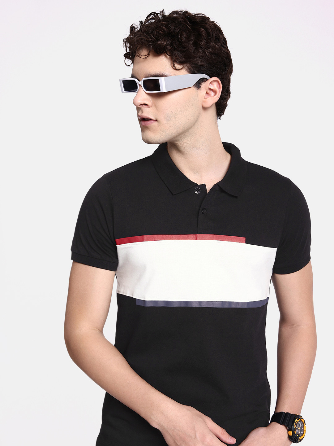 

The Roadster Life Co. Colourblocked Polo Collar Pure Cotton T-shirt, Black