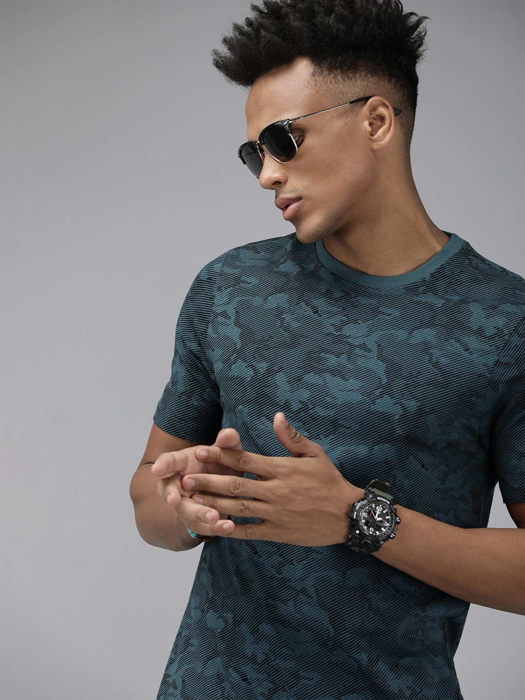 

The Roadster Life Co. Striped And Printed Round-Neck Pure Cotton T-shirt, Teal