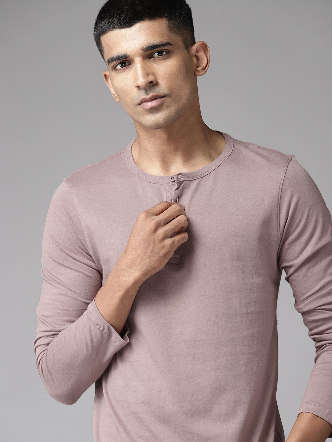 

The Roadster Lifestyle Co. Henley Neck Pure Cotton T-shirt, Mauve