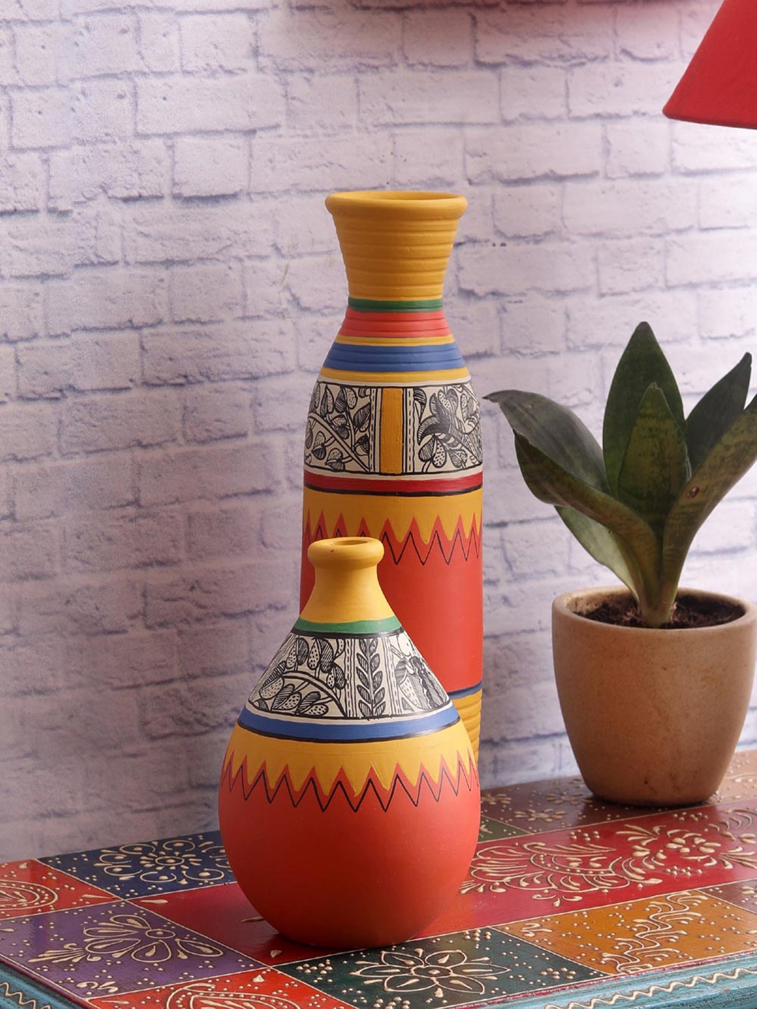 

VarEesha Set of 2 Hand-Painted Madhubani Terracotta Pot Set, Orange