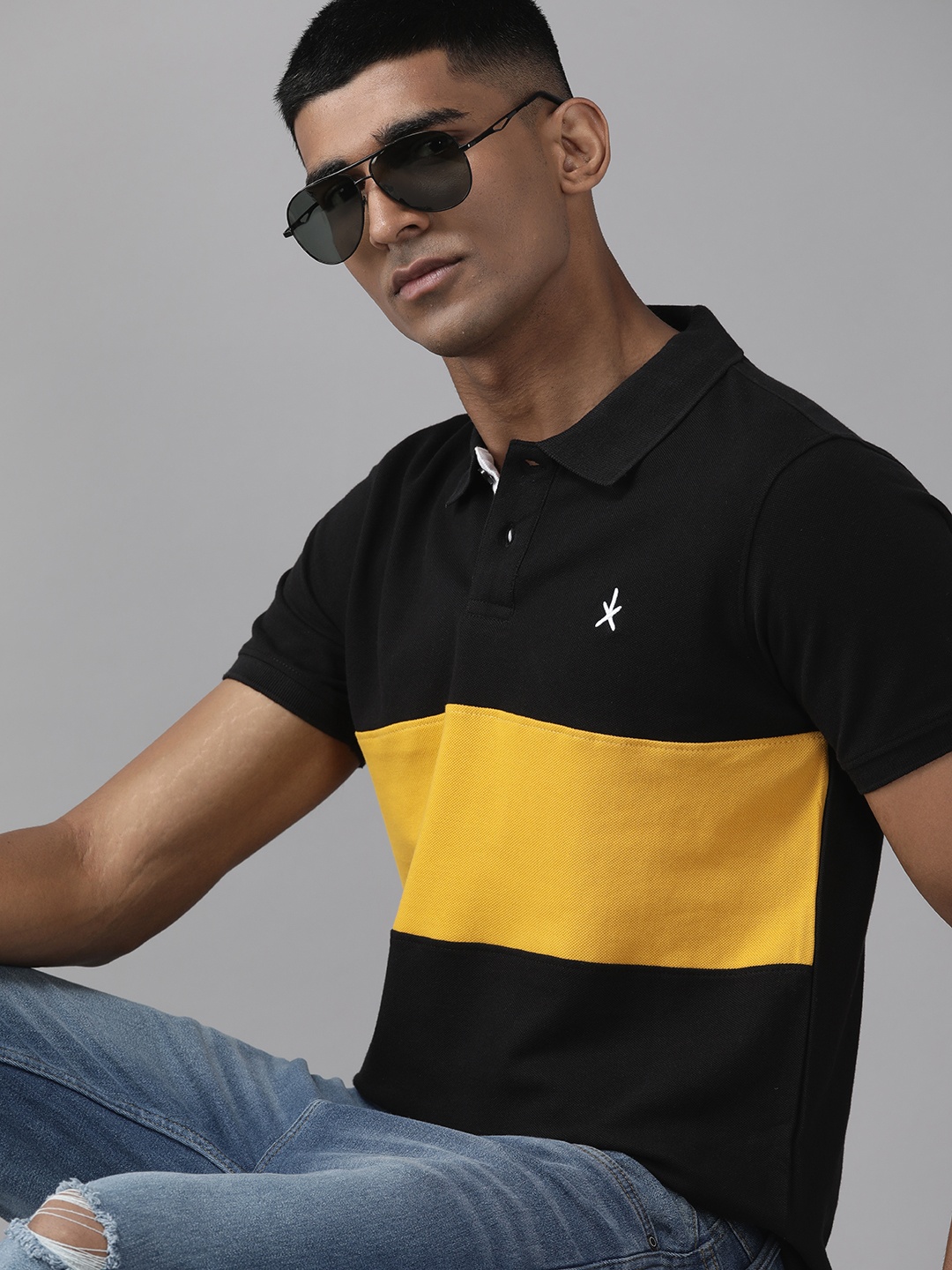 

The Roadster Lifestyle Co. Colourblocked Pure Cotton Polo Collar T-shirt, Black