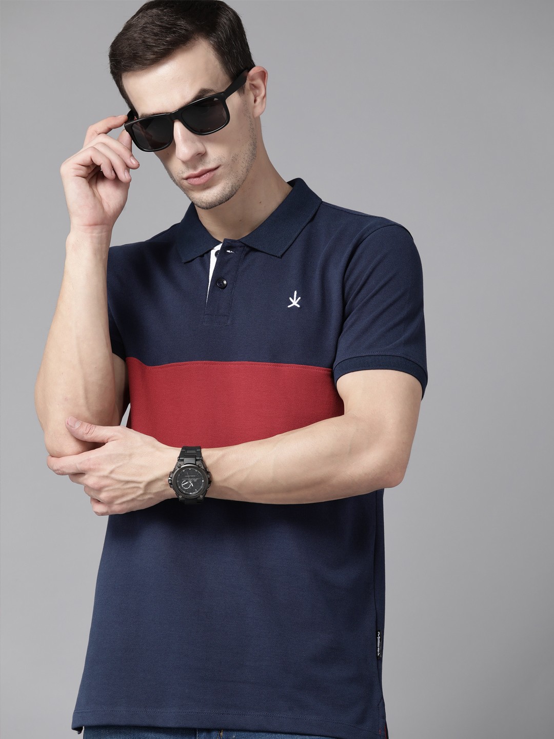 

The Roadster Lifestyle Co. Pure Cotton Striped Polo Collar T-shirt, Navy blue
