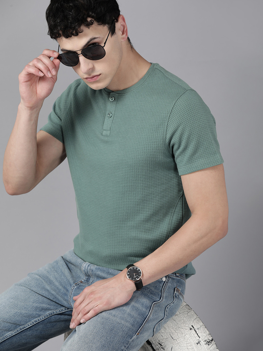 

The Roadster Lifestyle Co. Self Design Henley Neck T-shirt, Teal
