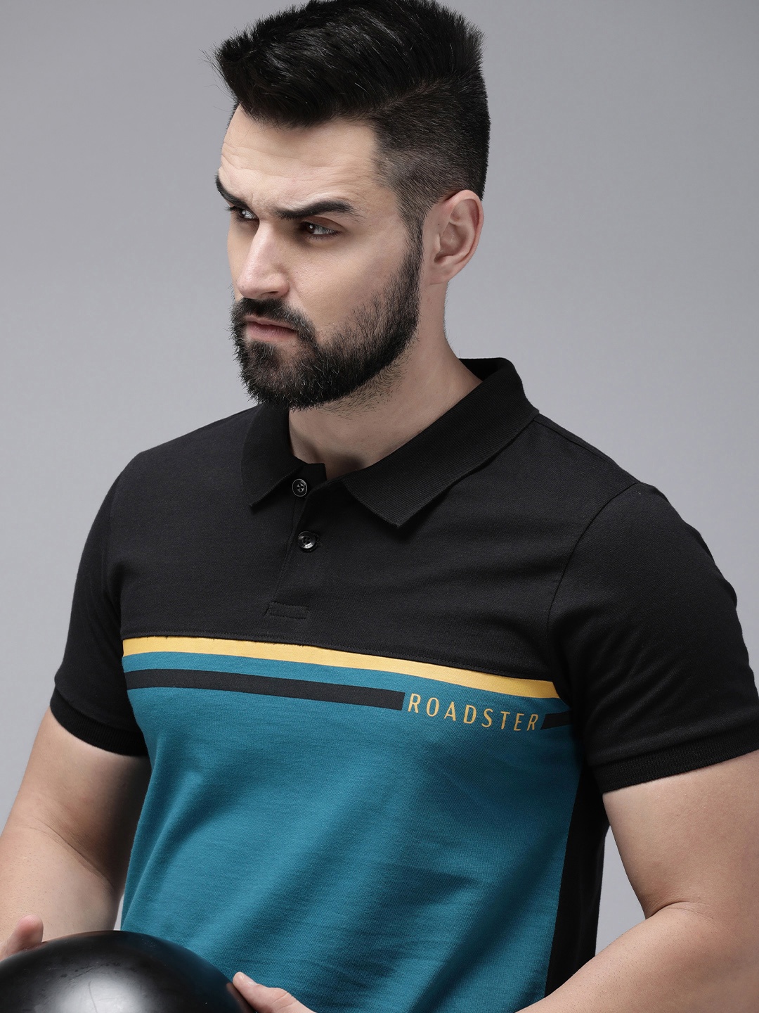 

The Roadster Lifestyle Co. Men Colourblocked Polo Collar Pure Cotton T-shirt, Black